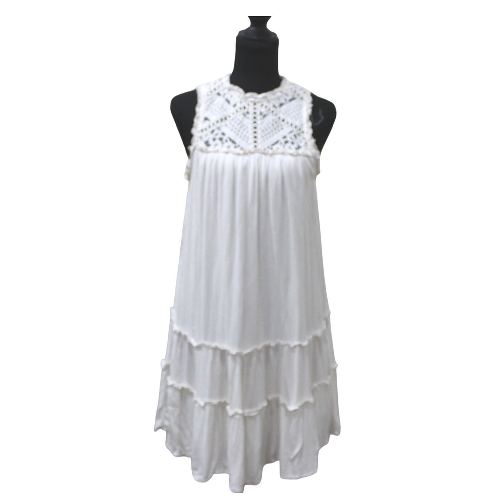 Crochet Lace Tiered Boho Dress Womens Small White Excellent Mini Summer